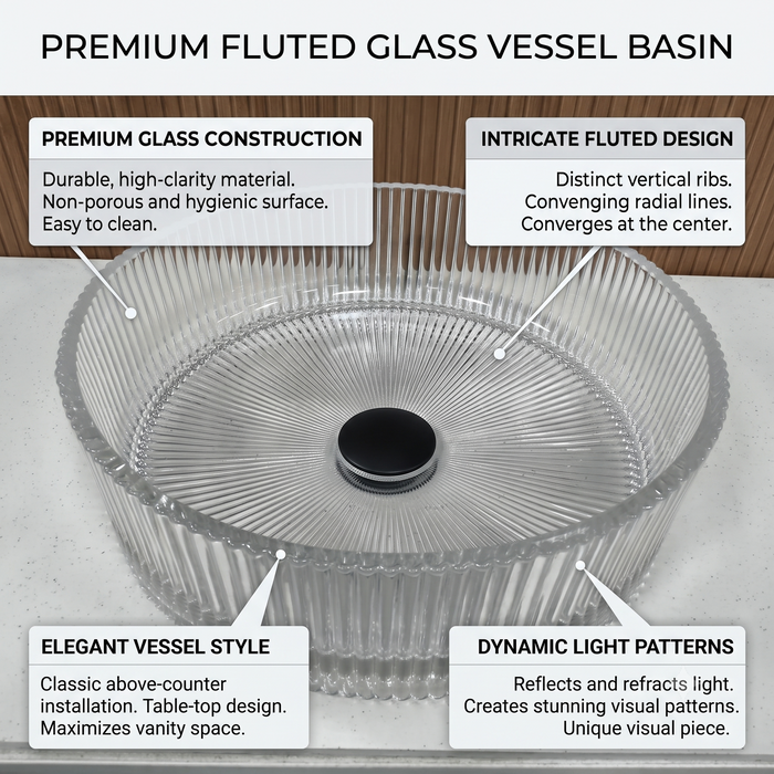 Clear round glass table top wash basin 400x400x120 mm with fluted ribbed design, modern transparent countertop basin for luxury bathrooms