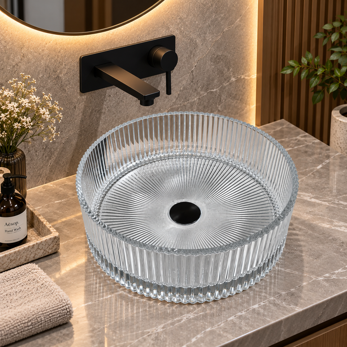 Clear round glass table top wash basin 400x400x120 mm with fluted ribbed design, modern transparent countertop basin for luxury bathrooms