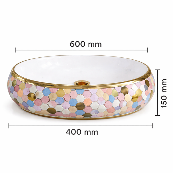Designer Ceramic Basin (Gold Rim, Multicolor Hexagon Design 24x16x6 In BTT-11557)