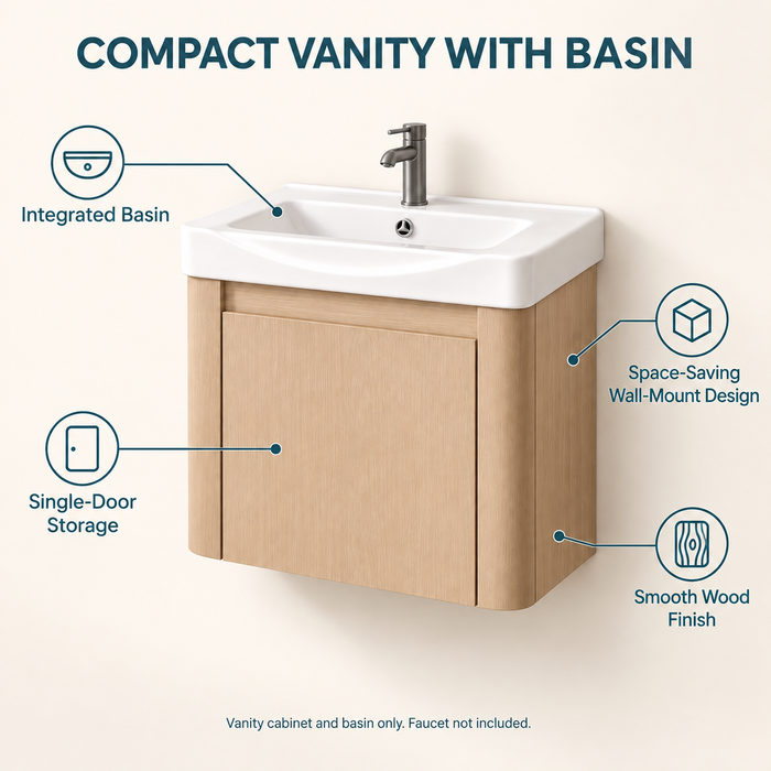 Compact light-wood wall-mounted bathroom vanity with integrated white basin and single-door storage