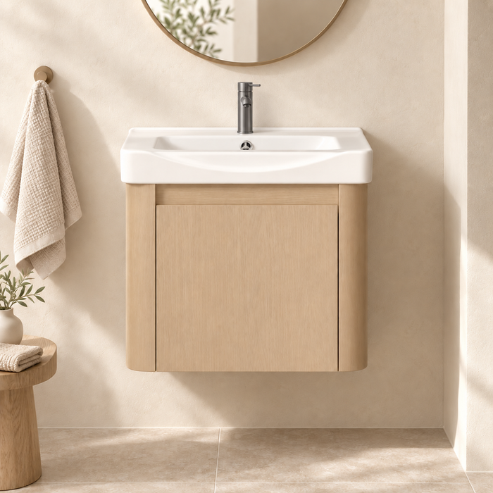 Compact light-wood wall-mounted bathroom vanity with integrated white basin and single-door storage