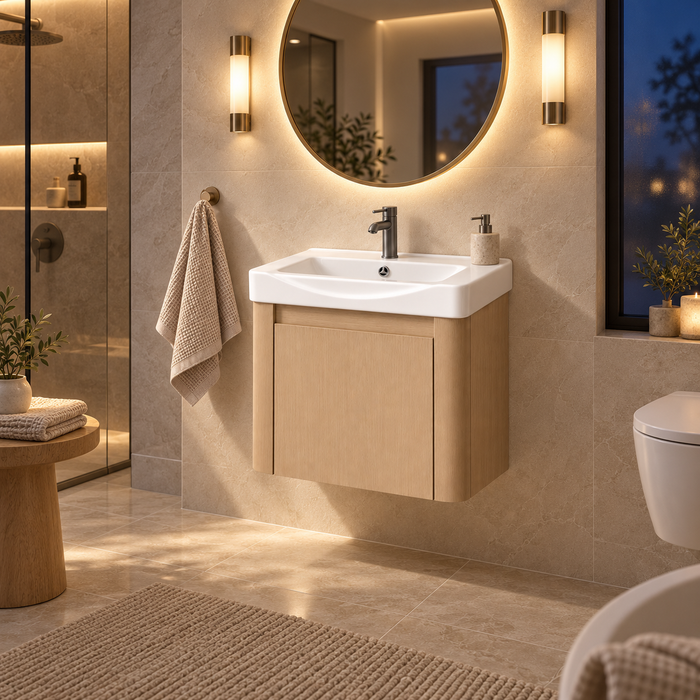Compact light-wood wall-mounted bathroom vanity with integrated white basin and single-door storage