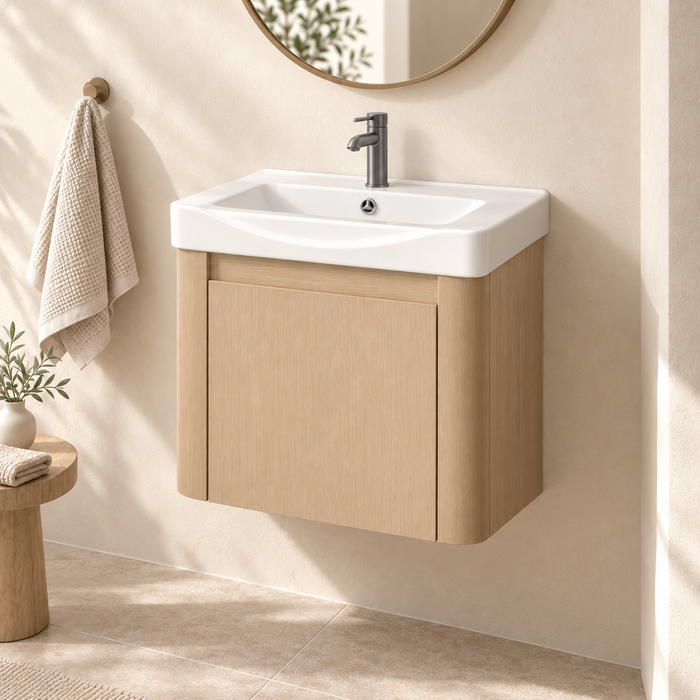 Compact light-wood wall-mounted bathroom vanity with integrated white basin and single-door storage