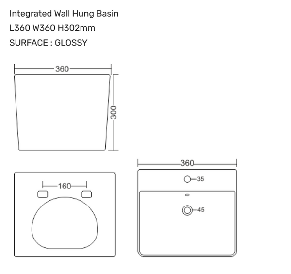 Bassino Cooper Wall Hung Wash Basin – Glossy Finish | Compact Integrated Basin 360×360×302 mm