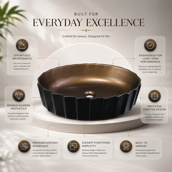 Oval Fluted Black & Bronze Table Top Wash Basin – Luxury Countertop Vessel Sink (22" x 14" x 6")