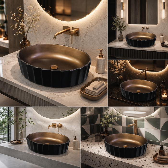 Oval Fluted Black & Bronze Table Top Wash Basin – Luxury Countertop Vessel Sink (22" x 14" x 6")