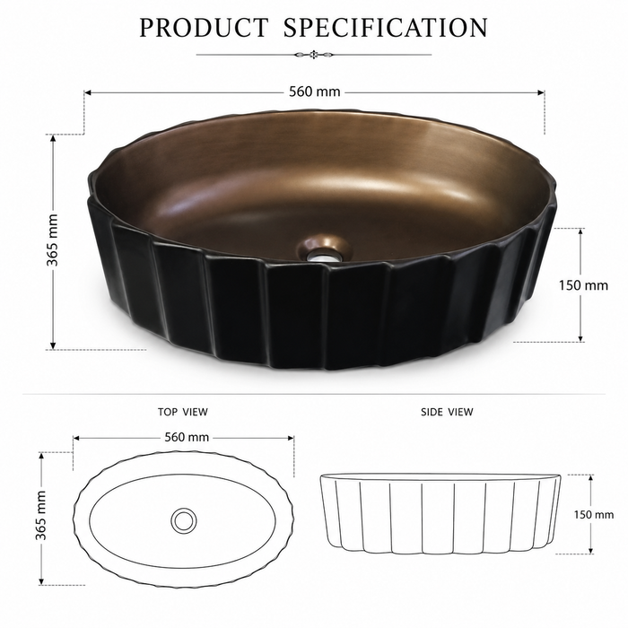 Oval Fluted Black & Bronze Table Top Wash Basin – Luxury Countertop Vessel Sink (22" x 14" x 6")