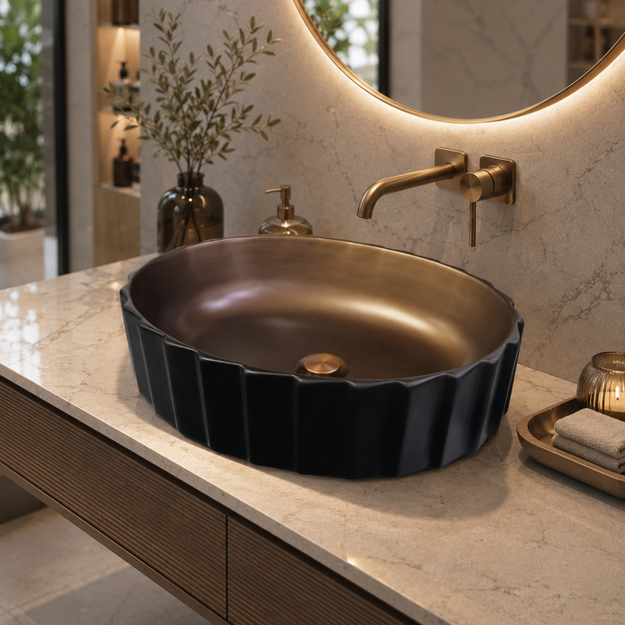 Oval Fluted Black & Bronze Table Top Wash Basin – Luxury Countertop Vessel Sink (22" x 14" x 6")