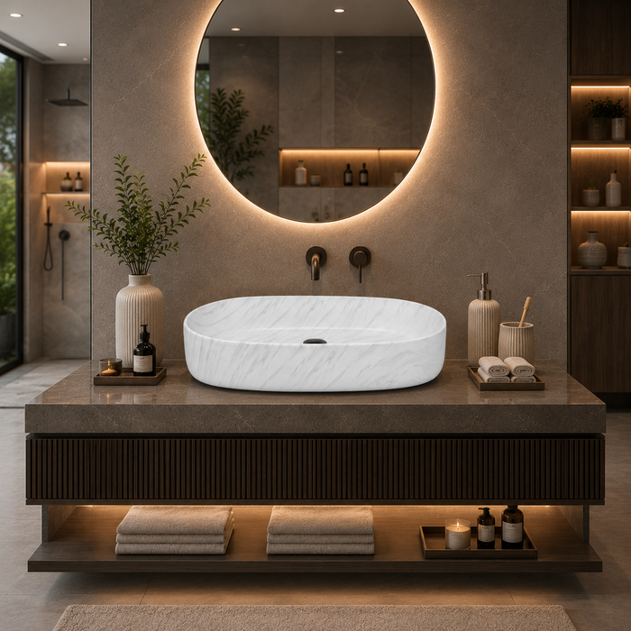 Glossy Marble Oval Countertop Wash Basin | (27" × 14" × 6" IN) Designer Bathroom Sink White
