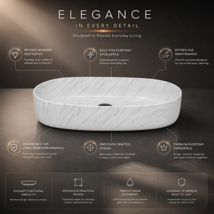 Glossy Marble Oval Countertop Wash Basin | (27" × 14" × 6" IN) Designer Bathroom Sink White