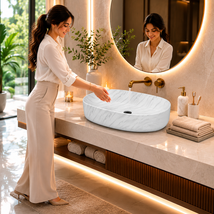 Glossy Marble Oval Countertop Wash Basin | (27" × 14" × 6" IN) Designer Bathroom Sink White