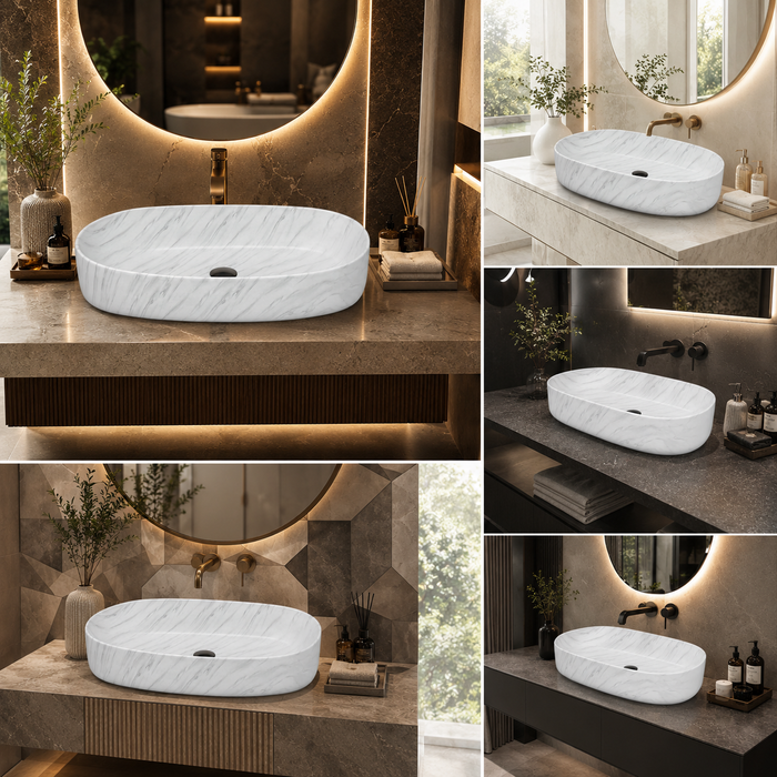 Glossy Marble Oval Countertop Wash Basin | (27" × 14" × 6" IN) Designer Bathroom Sink White