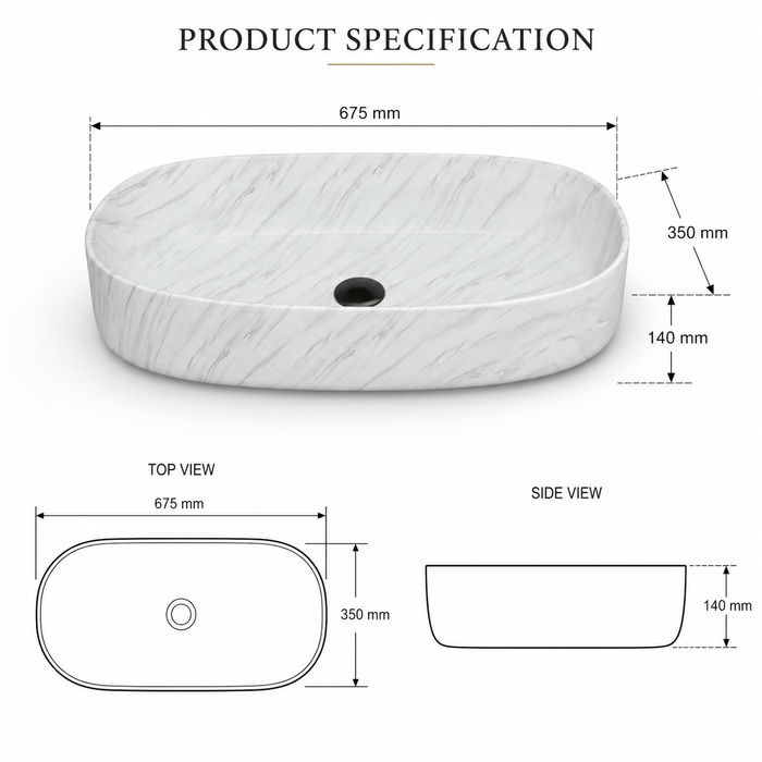 Glossy Marble Oval Countertop Wash Basin | (27" × 14" × 6" IN) Designer Bathroom Sink White