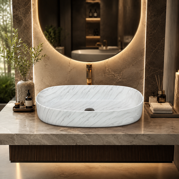 Glossy Marble Oval Countertop Wash Basin | (27" × 14" × 6" IN) Designer Bathroom Sink White