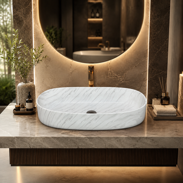 Glossy Marble Oval Countertop Wash Basin | (27" × 14" × 6" IN) Designer Bathroom Sink White
