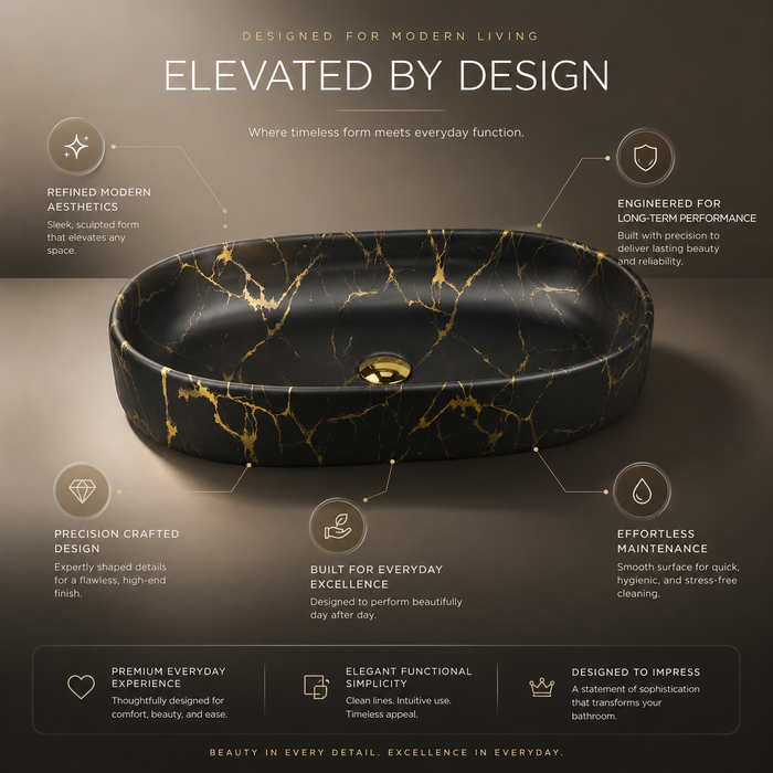 Glossy Marble Oval Countertop Wash Basin | (27" × 14" × 6" IN) Designer Bathroom Sink Black