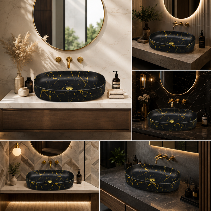 Glossy Marble Oval Countertop Wash Basin | (27" × 14" × 6" IN) Designer Bathroom Sink Black