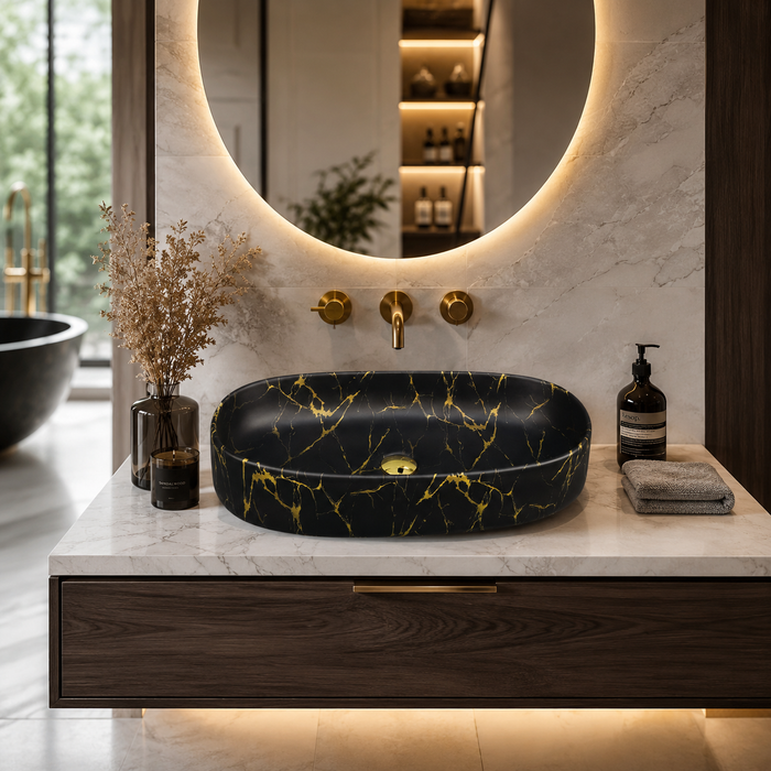 Glossy Marble Oval Countertop Wash Basin | (27" × 14" × 6" IN) Designer Bathroom Sink Black