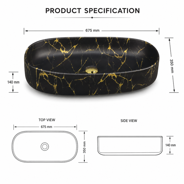 Glossy Marble Oval Countertop Wash Basin | (27" × 14" × 6" IN) Designer Bathroom Sink Black