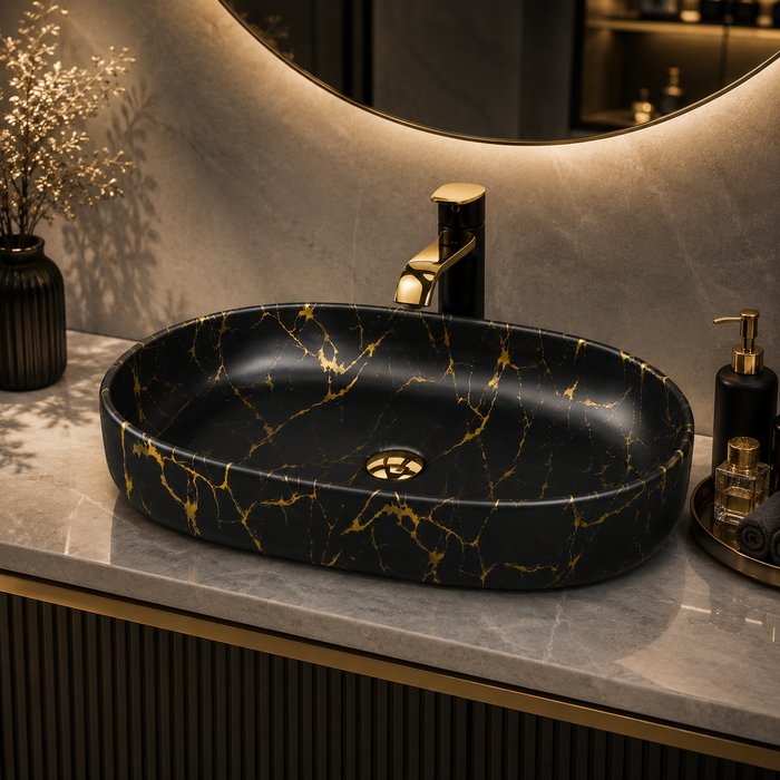 Glossy Marble Oval Countertop Wash Basin | (27" × 14" × 6" IN) Designer Bathroom Sink Black