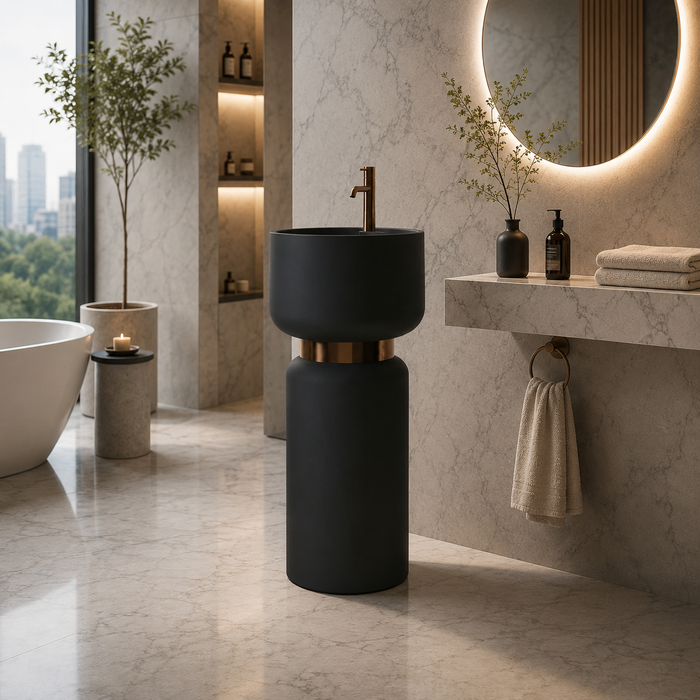 Artificial Stone Pedestal Basin – Designer Floor Mounted Wash Basin with Tap Hole | 16x16x34 Inch Black