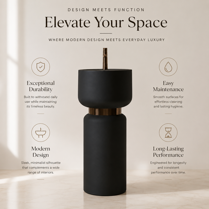 Artificial Stone Pedestal Basin – Designer Floor Mounted Wash Basin with Tap Hole | 16x16x34 Inch Black