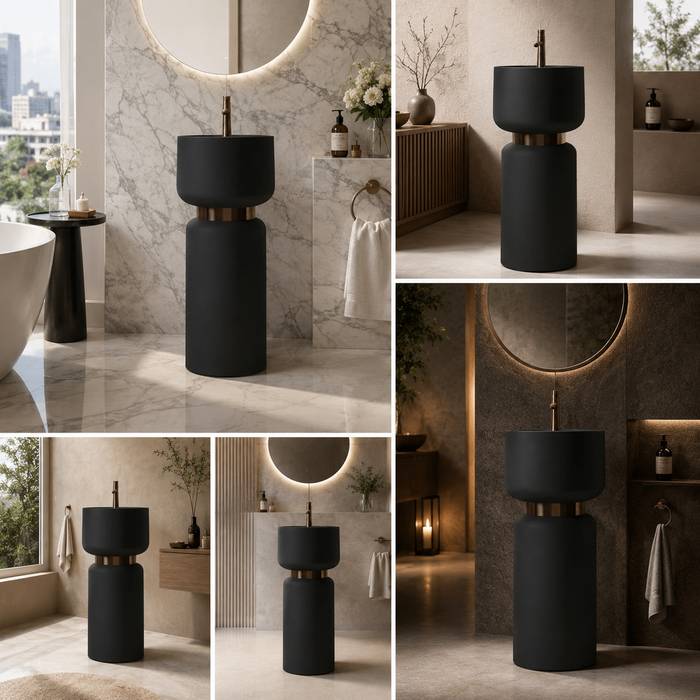 Artificial Stone Pedestal Basin – Designer Floor Mounted Wash Basin with Tap Hole | 16x16x34 Inch Black