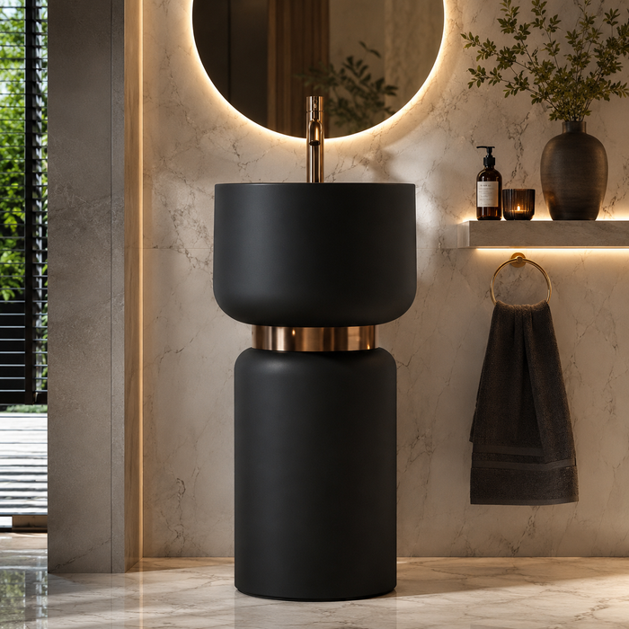 Artificial Stone Pedestal Basin – Designer Floor Mounted Wash Basin with Tap Hole | 16x16x34 Inch Black