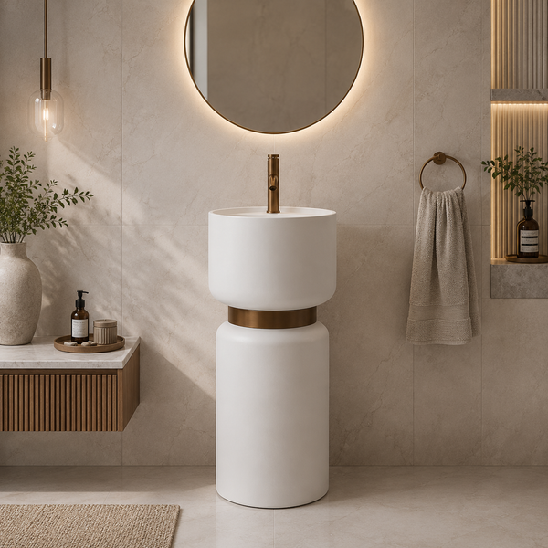Artificial Stone Pedestal Basin – Designer Floor Mounted Wash Basin with Tap Hole | 16x16x34 Inch White