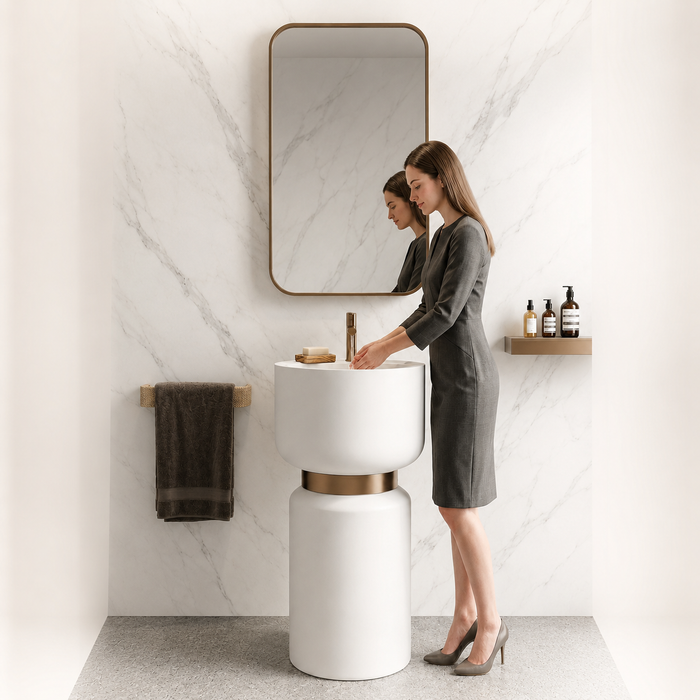 Artificial Stone Pedestal Basin – Designer Floor Mounted Wash Basin with Tap Hole | 16x16x34 Inch White