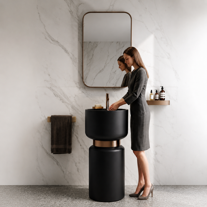 Artificial Stone Pedestal Basin – Designer Floor Mounted Wash Basin with Tap Hole | 16x16x34 Inch Black