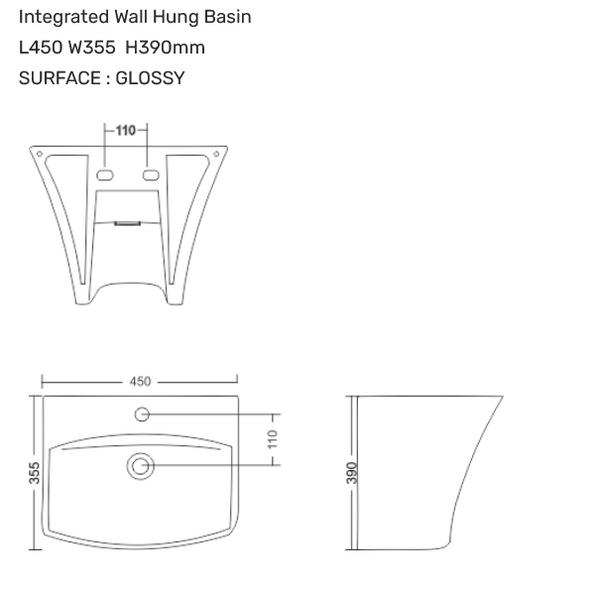 Bassino Coral Wall Hung Wash Basin – Glossy Finish | Designer Integrated Basin 450×355×390 mm