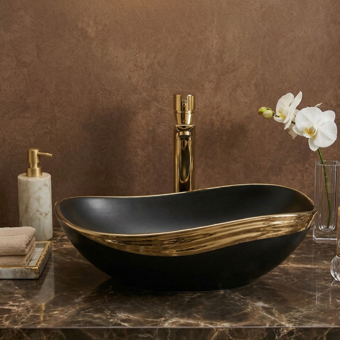 Counter Top Wash Basin in Black and Gold 