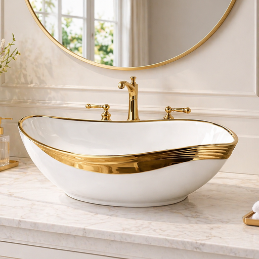 Counter Top Wash Basin in Gold and White