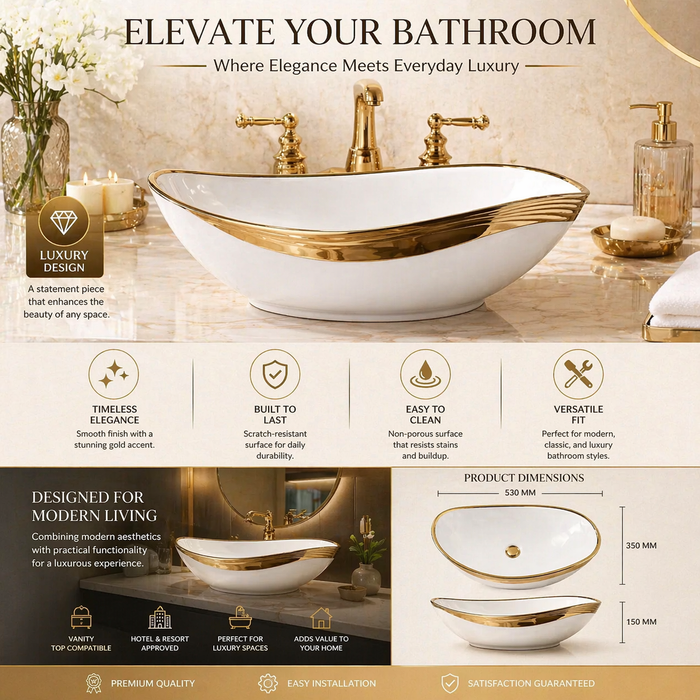 Counter Top Wash Basin in Gold and White 6