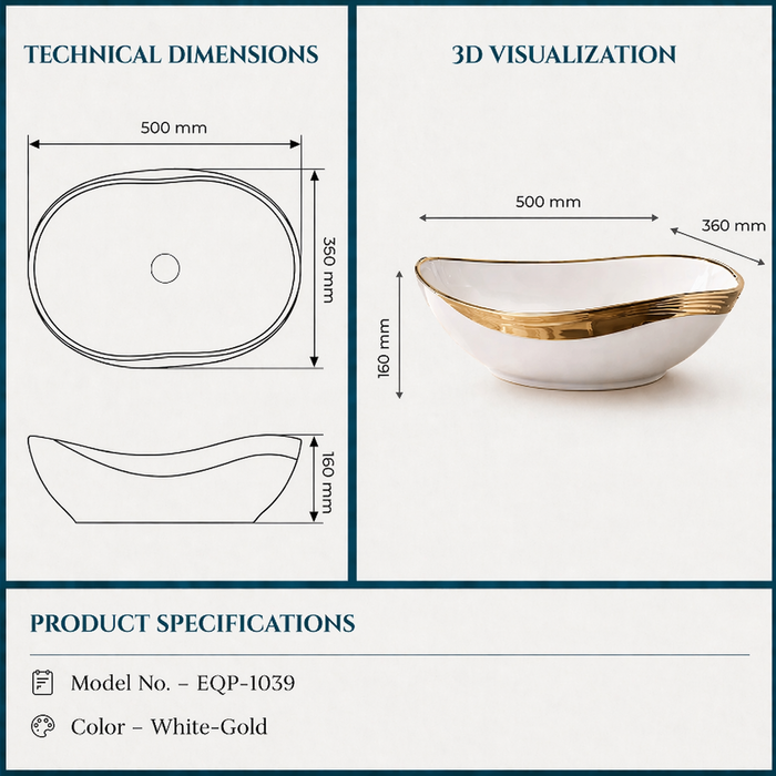 Counter Top Wash Basin in Gold and White Size