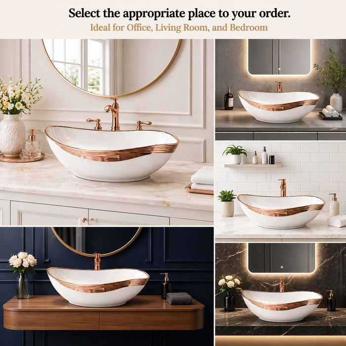 Counter Top Wash Basin in White and Rose Gold 10