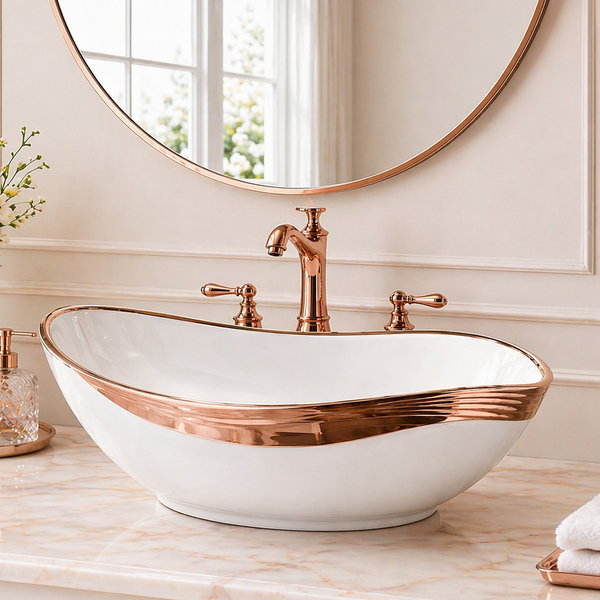 Bassino Luxury Counter Top Wash Basin in Rose Gold | Designer Table Top Basin | Approx. 20 × 14 × 6 Inches Rose gold
