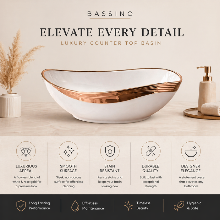 Counter Top Wash Basin in White and Rose Gold