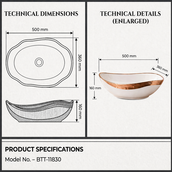 Counter Top Wash Basin in White and Rose Gold Size