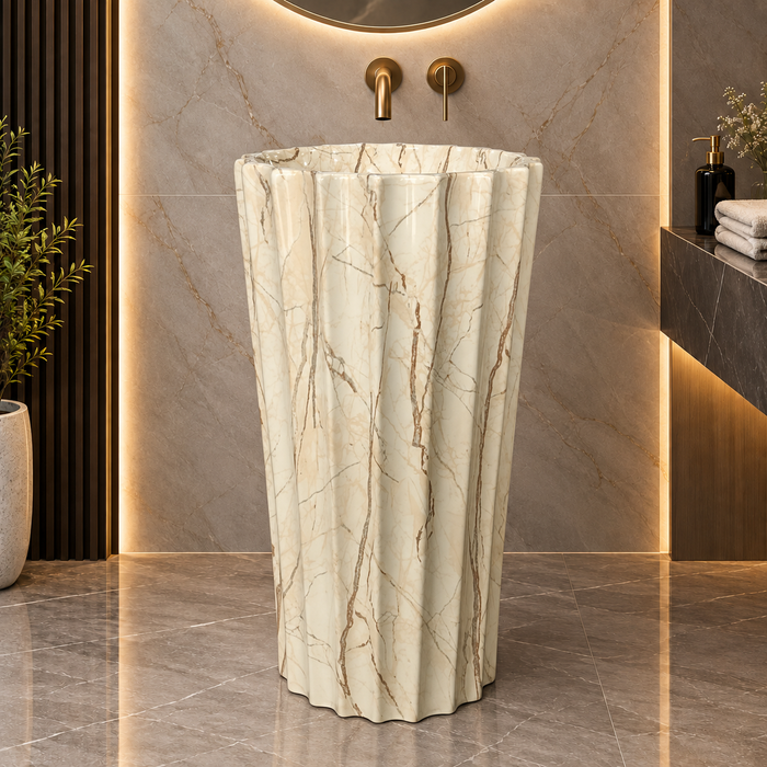 Cream marble pattern round scalloped freestanding pedestal wash basin 18.9 x 18.9 x 32.7 inch with fluted flower-inspired design for luxury bathroom