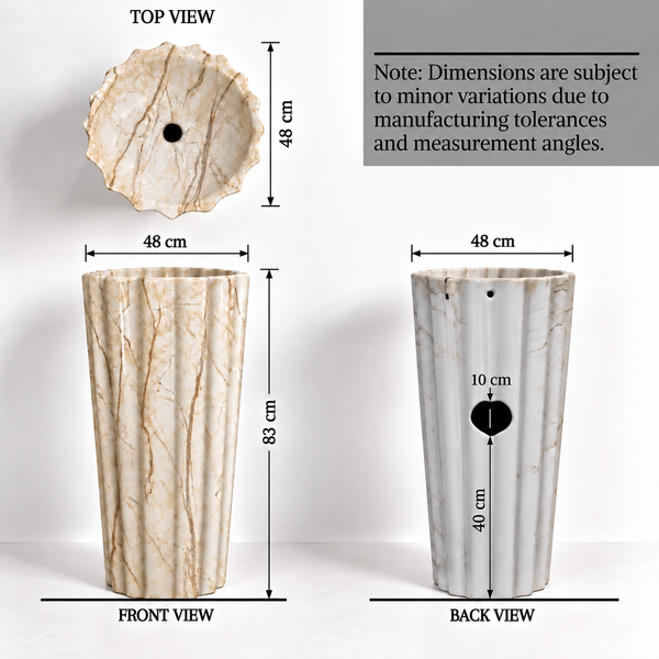 Round Scalloped Glossy Ceramic Freestanding Pedestal Wash Basin – 18.9 × 18.9 × 32.7 Inch Cream Marble Pattern