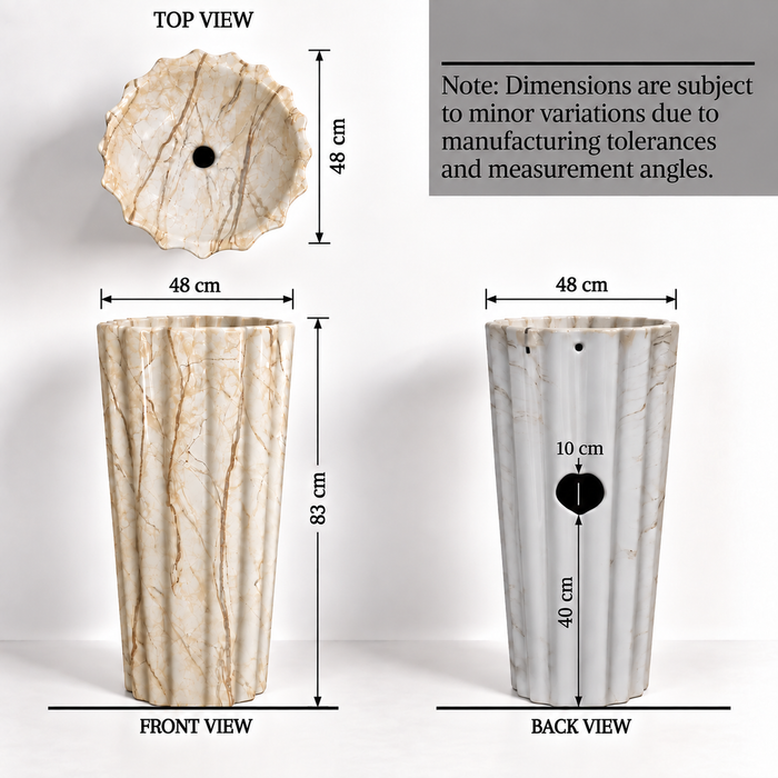 Cream marble pattern round scalloped freestanding pedestal wash basin 18.9 x 18.9 x 32.7 inch with fluted flower-inspired design for luxury bathroom