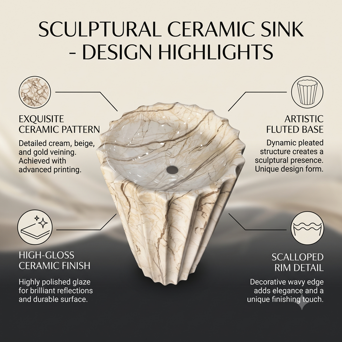 Cream marble pattern round scalloped freestanding pedestal wash basin 18.9 x 18.9 x 32.7 inch with fluted flower-inspired design for luxury bathroom