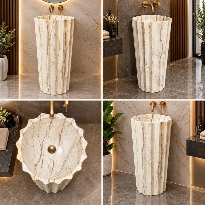 Cream marble pattern round scalloped freestanding pedestal wash basin 18.9 x 18.9 x 32.7 inch with fluted flower-inspired design for luxury bathroom