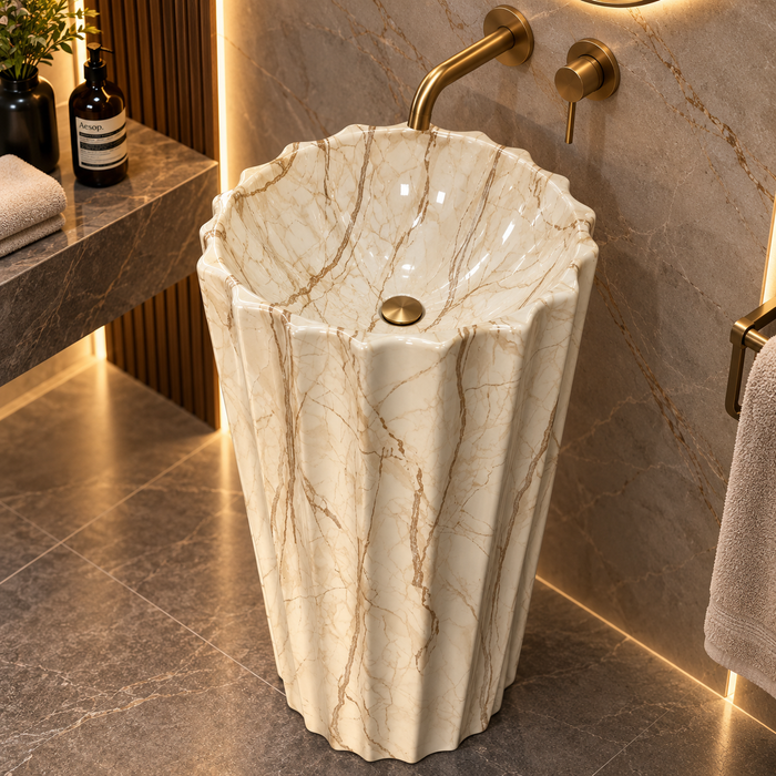 Cream marble pattern round scalloped freestanding pedestal wash basin 18.9 x 18.9 x 32.7 inch with fluted flower-inspired design for luxury bathroom