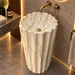 Cream marble pattern round scalloped freestanding pedestal wash basin 18.9 x 18.9 x 32.7 inch with fluted flower-inspired design for luxury bathroom