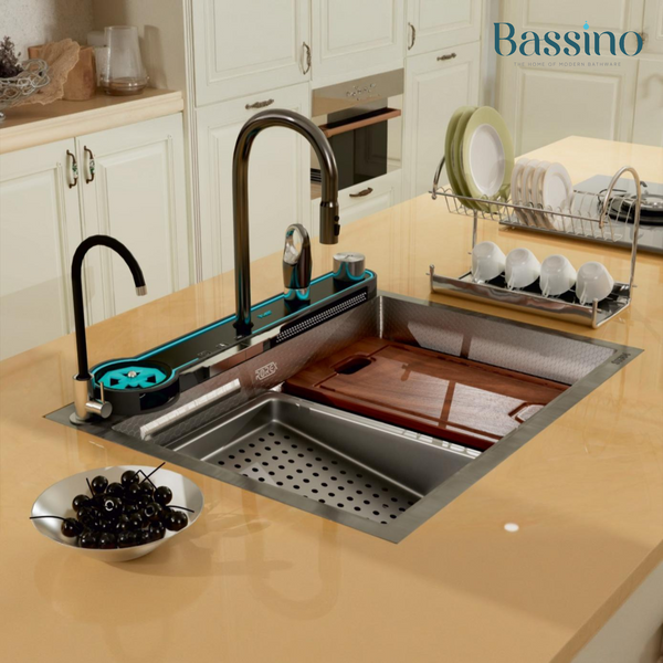 Bassino Premium Smart Kitchen Sink – 304 Stainless Steel | Piano Switch Control | PVD Coated |Pull-Out Faucet | Cup Washer | RO Tap | Drainage Knob | 24x18x9 Inches | 25 Years warranty Silver