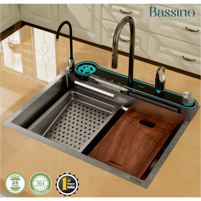 Bassino Premium Smart Kitchen Sink – 304 Stainless Steel | Piano Switch Control | Black PVD Coated | Pull-Out Faucet | Cup Washer | RO Tap | Drainage Knob | 24x18x9 Inches | 25 Years warranty