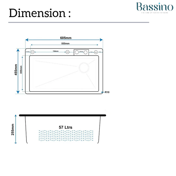 Bassino Premium Smart Kitchen Sink – 304 Stainless Steel | Piano Switch Control | PVD Coated |Pull-Out Faucet | Cup Washer | RO Tap | Drainage Knob | 24x18x9 Inches | 25 Years warranty Silver